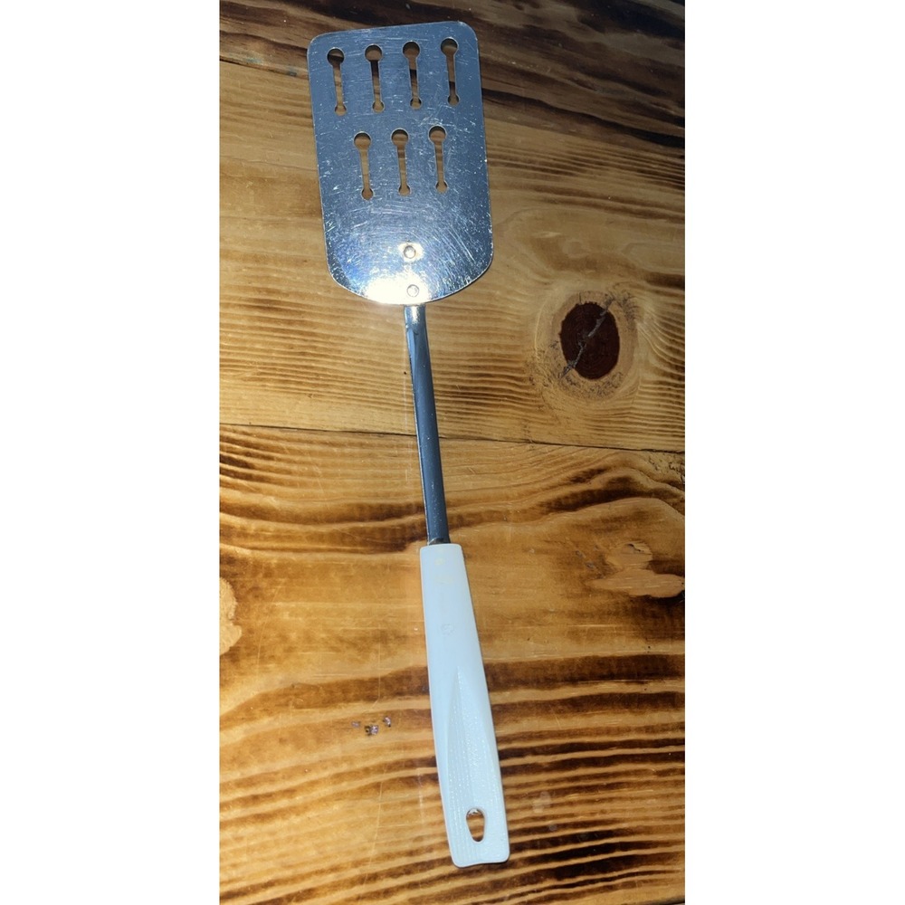 Vintage EKCO Slotted Keyhole Spatula WHITE Handle Chrome Metal Made in USA 12.5"
